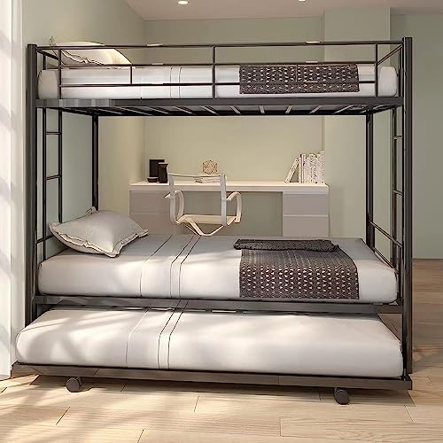 EMKK Twin Over Twin Bunk Bed with Trundle,Metal Triple Bunk Beds w/Two Side Ladders & Safety Guard Rail,3 in 1 Bunk Beds for Kids Teens, No Box Spring Needed Metal Bunkbed,Can be Divided Into Two Beds
