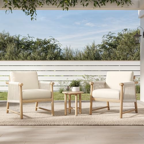 CHITA 3 Pieces Boho Patio Rattan Bistro Set, Outdoor Wicker Chairs & Side Table Set with Acacia Wood Frame(Cream)