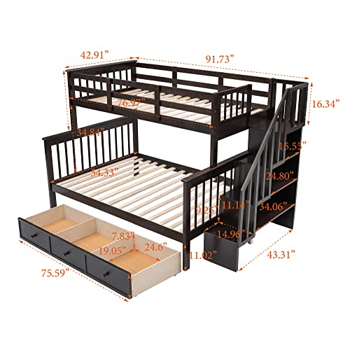 Merax Twin Over Twin Bunk Bed with Storage Stairs, Wood Bunk Bed Frames with Trundle, No Box Spring Needed, White