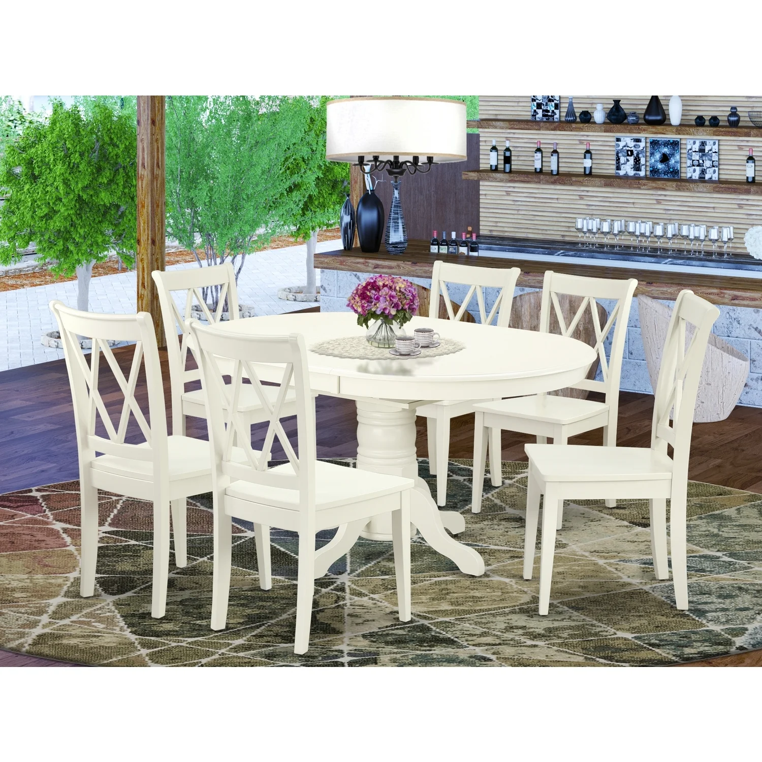 HomeStock Seaside Serenity 7Pc Oval 42/60 Inch Table With 18 In Leaf And 6 Double X Back Chairs