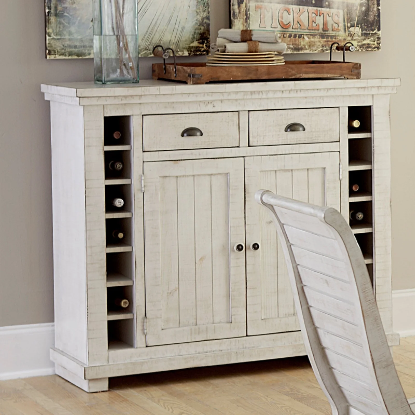 Progressive Furniture Willow Wood Wine Rack Server in Distressed White