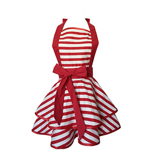 Hyzrz Lovely Handmade Cotton Retro Aprons for Women Girls Cake Kitchen Cook Apron for Mother's Gift (Red)