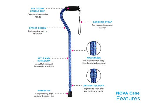 NOVA Designer Walking Cane with Offset Handle, Lightweight Adjustable Walking Stick with Carrying Strap, Black