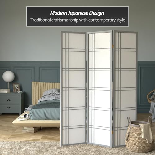 Red Lantern 6 ft. Tall Double Cross Shoji Screen-Grey-3 Panels Room Divider
