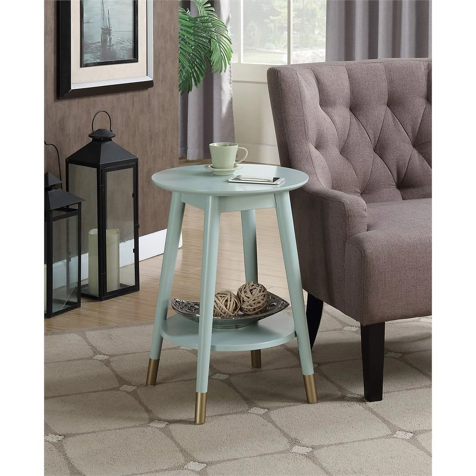 Allora Mid-Century Round Wood End Table with Shelf in Sea foam Green