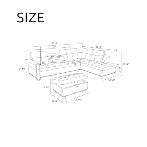 L Shaped Sectional Couches, Modular Sectional Sofa with Ottoman Storage, Nail-Head Design Lounge Sofa with Reversible Cup Holder for Living Room, Bedroom, Gray
