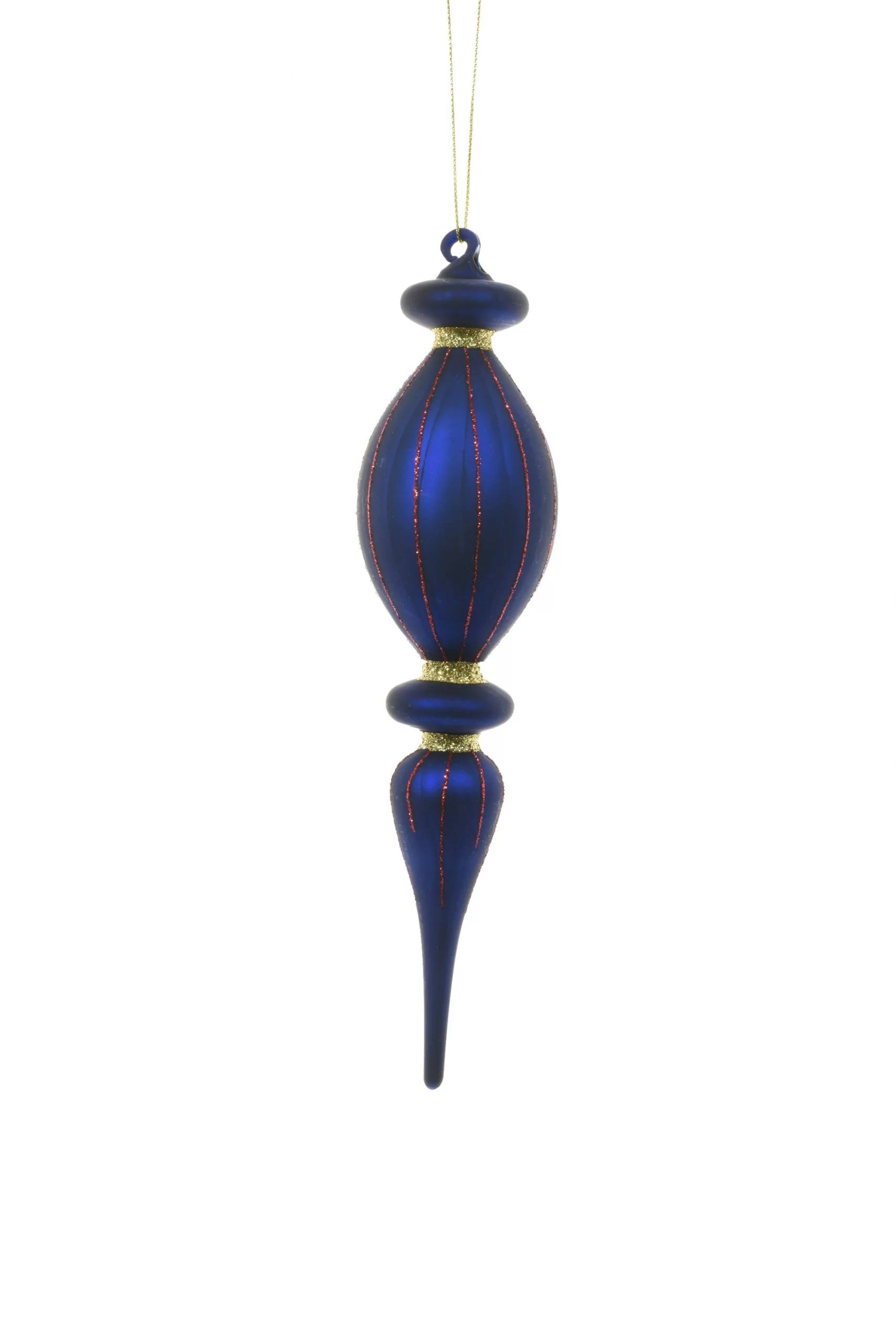 Starlight Collection, Royal Blue Glass Hanging Finial Ornament with Red and Gold Glittered Pattern (Pack of 2)
