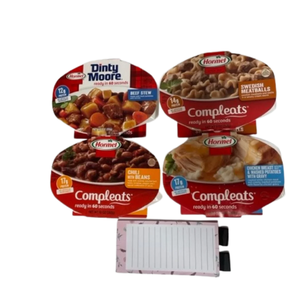Hormel Compleats Dinner Variety Pack of 4, 1-Dinty Moore Beef Stew, 1-Chillie Beans, 1- Swedish Meatball, 1- Chicken Breast with Magnetic NotePad