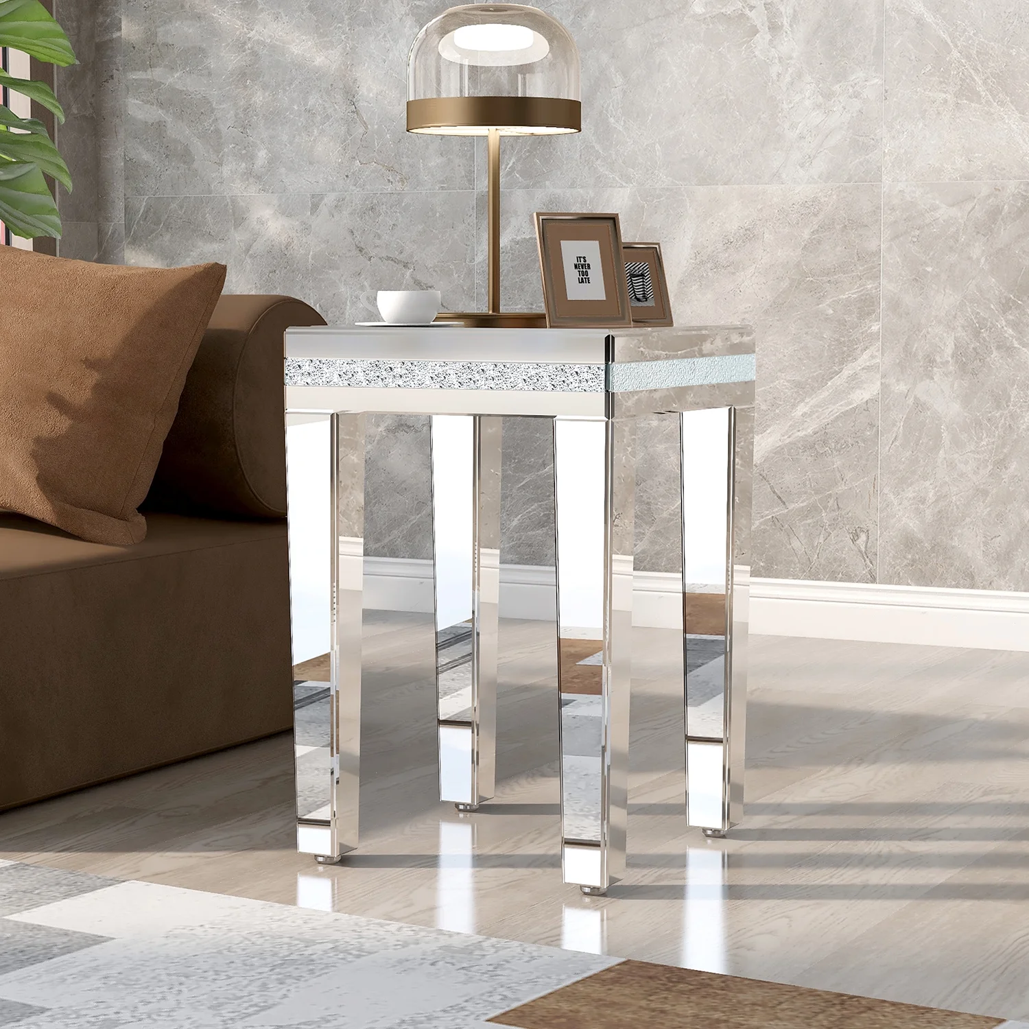 Churanty Glass Mirrored Side Table Modern Crystal Design and Adjustable Height Legs, Silver