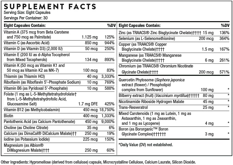 THORNE Advanced Nutrients - Multivitamin and Mineral Supplement with Nicotinamide Riboside - Foundational Support, Healthy Aging and Eye Health - Gluten-Free, Soy-Free - 240 Capsules - 30 Servings