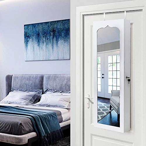 Bonnlo Jewelry Armoire Jewelry Organizer with 8 LEDs, Lockable Large Storage Jewelry Cabinet, Space-Saving Hanging Jewelry Box with Full Length Mirror (White)