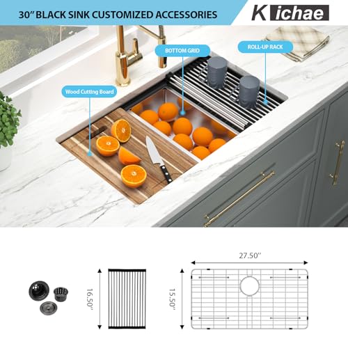 Kichae 12“ Deep Laundry Sink Undermount - 24 Inch Black Undermount Utility Sink Stainless Steel Single Bowl Under Counter Handmade Laundry Utility Room Basin