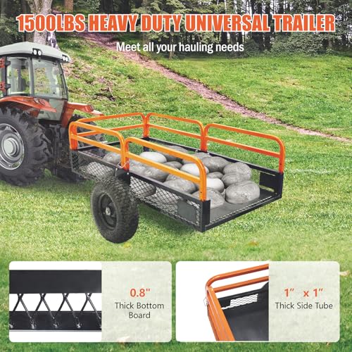 ATV Trailer Steel Dump Cart, 1500 Pounds 15 Cubic Feet Utility Trailer Yard Garden Trailer with Heavy Duty Tow Behind Carts and Removable Sides for Tractors, ATV, UTV, Lawn Mowers