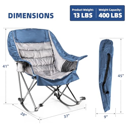 Oversized Rocking Camping Chair for Adults - 400lbs Capacity Padded Camp Chair with Cup Holder, Portable Foldable Outdoor Rocker Chair for Camping, Backyard, Patio (Black & Gray)
