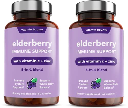 Vitamin Bounty Elderberry Organic Elderberry Capsules for Adults - Elderberry Vitamin C and Zinc Supplement, & Echinacea, Immune System Support, Advanced 5-in-1 Blend, Non-GMO - 60 Capsules