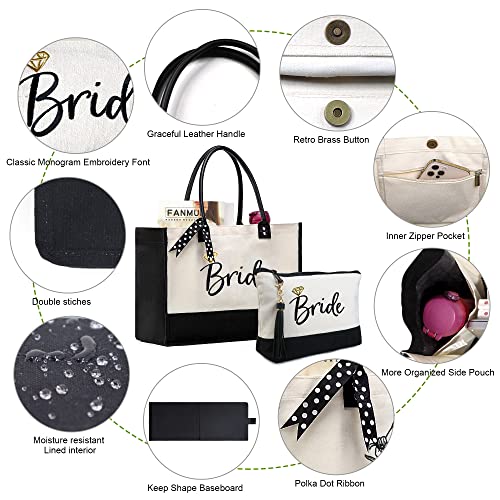 BeeGreen Mother's Day Gifts Personalized Women's Large White and Black Canvas Tote Bag, Embroidered Initials, Leather Handle, Zipper Closure