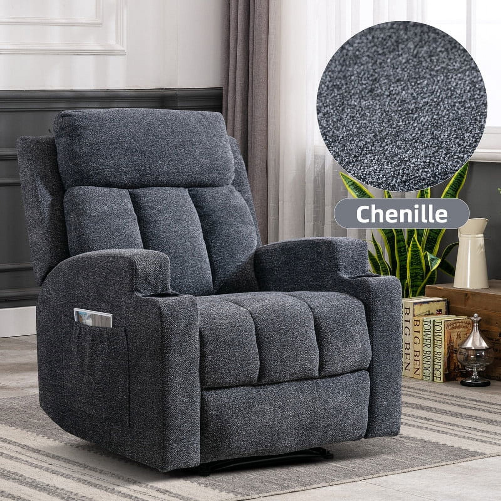 Ebello Design Manual Massage Recliner Chairs with Heat, with Side Pockets and Cup Holders Overstuffed Breathable Fabric Reclining Chair, Single Sofa Home Theater Seating
