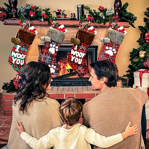 Skylety 2 Pieces Christmas Pet Dog Stocking 20 Inch Buffalo Plaid Christmas Stockings Plush Faux Fur Cuff Christmas Hanging Ornament with Letter and Dog Paw for Xmas Decoration (Black Red)