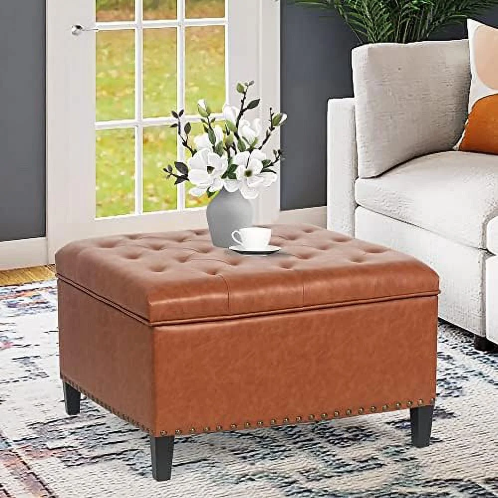 Ottoman  Upholstered Tufted Bench with Nailhead Trim  Footrest Coffee Table with Wood Legs for Living Room Bedroom (Orange)
