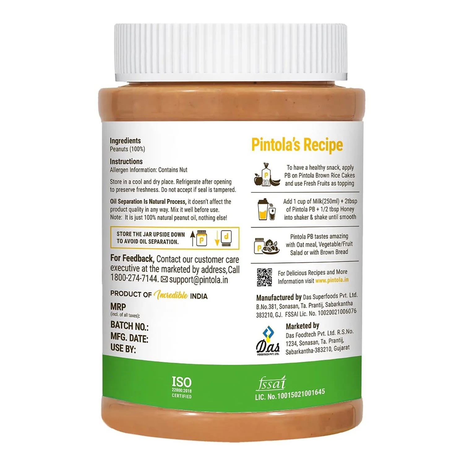 Pintola All Natural Peanut Butter Spread Vegan, Gluten Free, Non GMO, Unsweetened