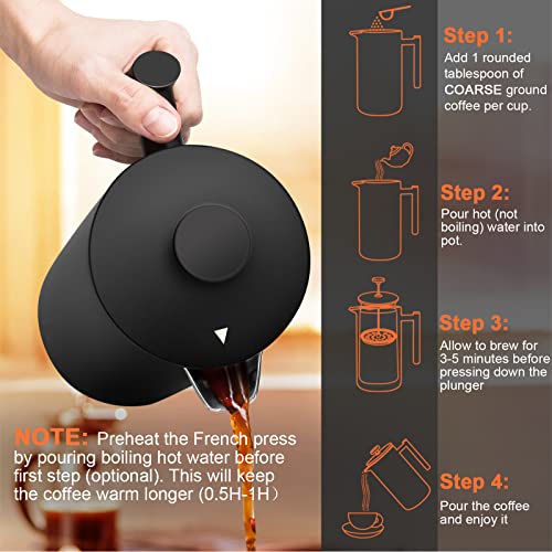 Secura French Press Coffee Maker, 304 Grade Stainless Steel Insulated Coffee Press with 2 Extra Screens, 34oz (1 Litre), Silver