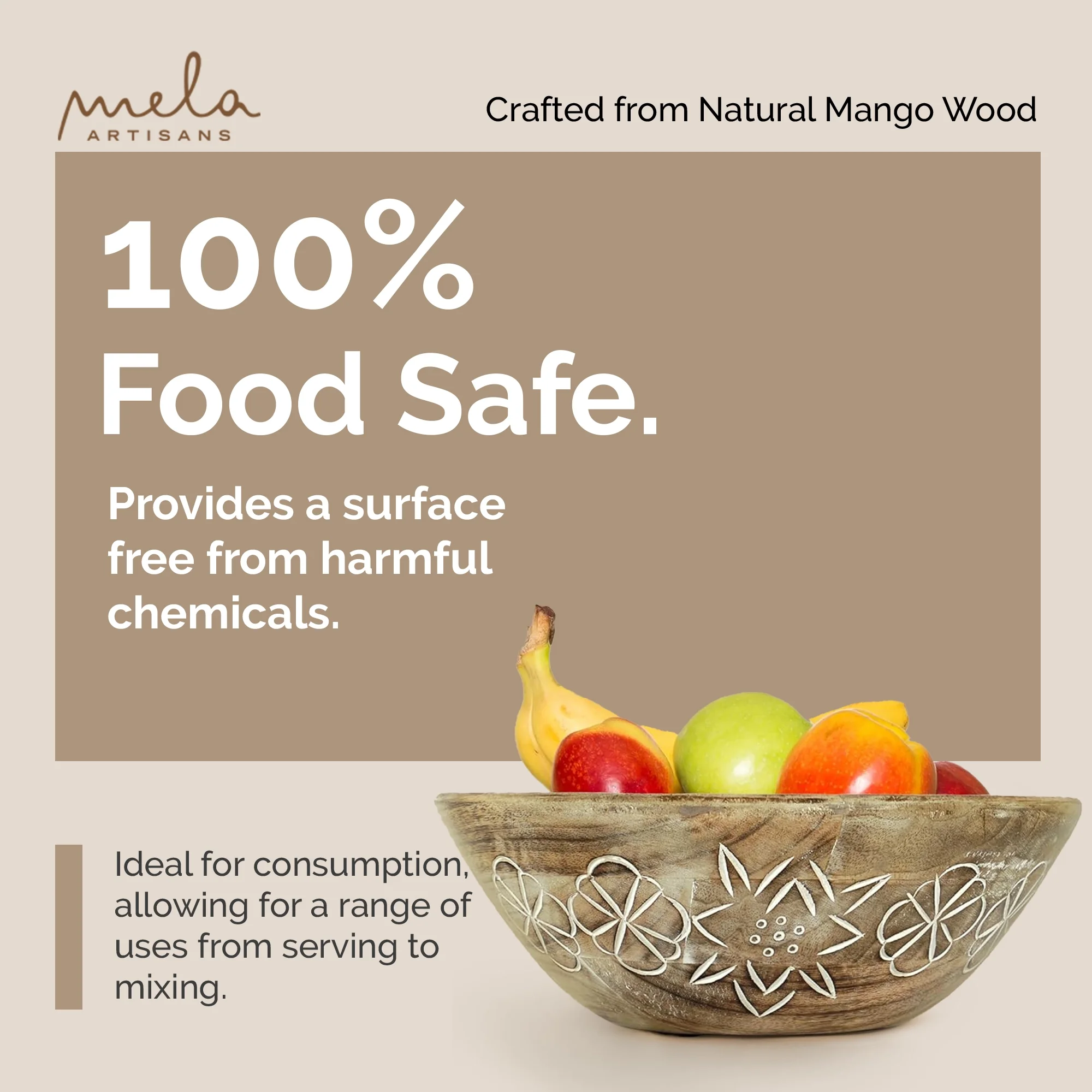 Mela Artisans hand Carved Large Wooden Serving Bowl - Natural Over White, 12