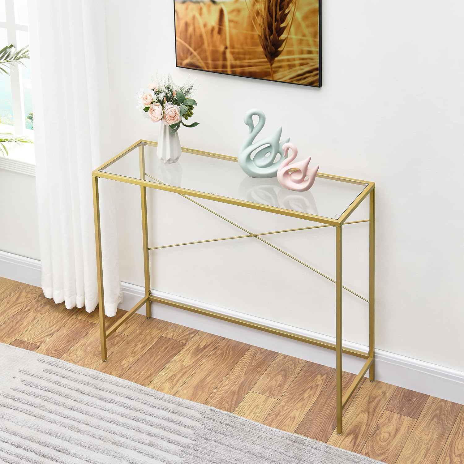 Golden Console Table, 39.37” Entryway Table with Tempered Glass Top, Narrow Sofa Table with Metal Frame, Modern Slim Home Table for Hallway, Living Room, Office, Easy Assembly, Gold SFZ21404GD