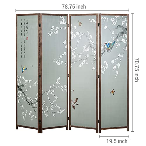 MyGift 4-Panel Asian-Inspired Folding Room Divider with Cherry Blossom Tree & Bird Design Poetry Calligraphy and Brown Wooden Frame 78''W x 70.5''H(6FT)