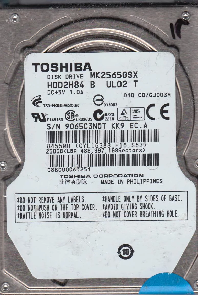 MK2565GSX, C0/GJ003M, HDD2H84 B UL02 T, Toshiba 250GB SATA 2.5 Hard Drive
