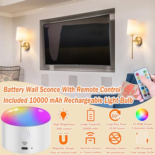 Battery Operated Wall Sconce Set Of Two with Remote Control, Indoor Not Hardwired Dimmable Battery Operated Wall Sconce Light Fixture with Fabric Linen Shade For Bedroom Living Room, Bulb Included ( C