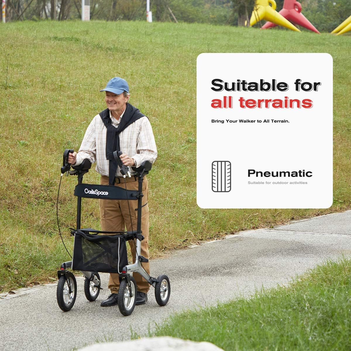 OasisSpace Upright Walker with 12” Pneumatic Wheel and Padded Bath Seat with 6 Height Adjustable Tube