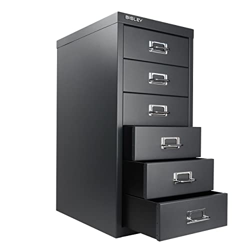 Bisley 10-Drawer Steel MultiDrawer Cabinet - Black, Chrome Pull Handles with Label Holders, Powder-Coated Steel, Removable Drawers, Fits Under Most Desks, Labels Included