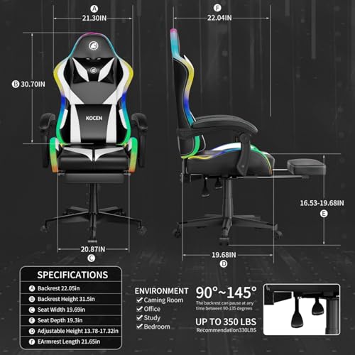 Gaming Chairs for Adults Tall and Kids，Lumbar Support,LED Lights，High Back Reclining Computer Chair with Headrest (Black+Blue)