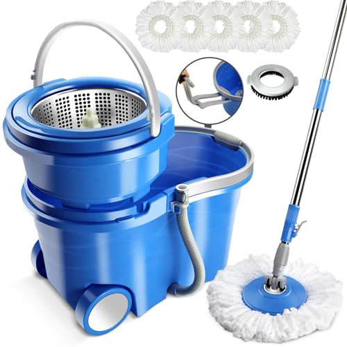 MASTERTOP Mop Bucket with Wringer Set - Floor Mop, Spin Mop with 2 Wheel Easy Move, Stainless Steel Longe Mop Handle, 5 Microfiber Replacement Head Refills, 1 Floor Brush Mop Head