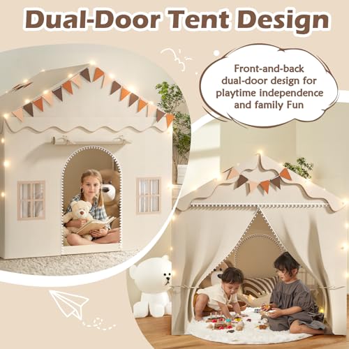 Treestone Play Tent for Kids, 2 in 1 Toddler Tent with Padded Mat and Light, Large Playhouse for Kids Indoor & Outdoor, 2 Doors and 4 Windows, 51