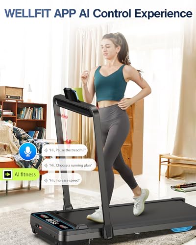Incline Walking Pad Treadmill: [Voice Controlled] 2 in 1 Smart Treadmill with 300lbs Capacity Compatible with Wellfit Kinomap ZWIFT APP - 2.5HP Quiet Treadmill with Console Remote Control