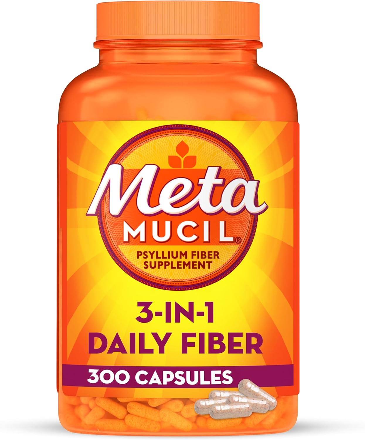 Metamucil 3-in-1 Fiber Capsules, Daily Psyllium Husk Fiber Supplement, Fiber Capsules for Digestive Health, Plant-Based Psyllium Husk Fiber Capsules, #1 Doctor Recommended Fiber Brand, 300ct Capsules