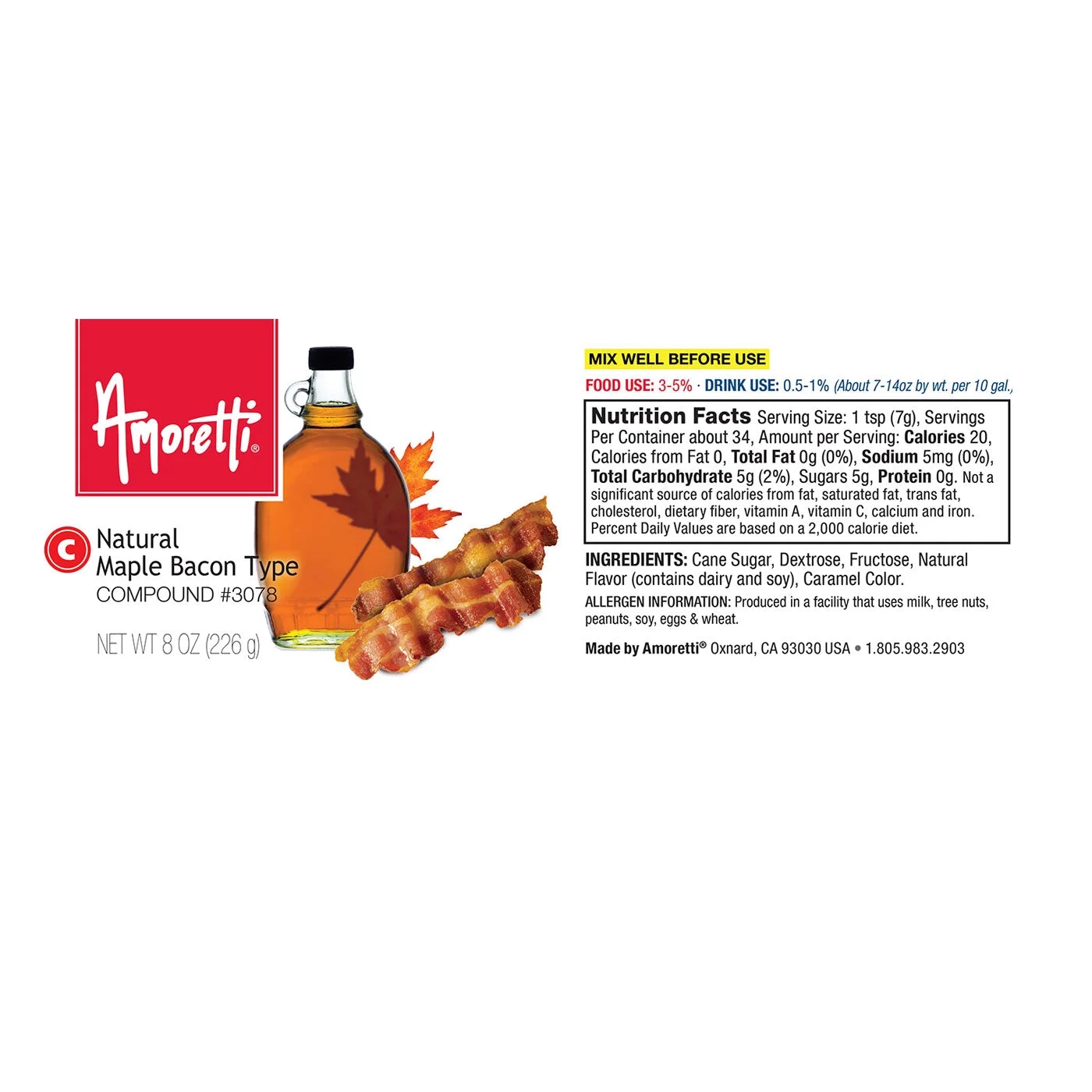 Amoretti - Natural Maple Bacon Type Compound 2.2 lbs - Natural Flavors, Shelf Stable Even After Opening, Certified Kosher, TTB Approved, Perfect for Baking Applications & Beverages