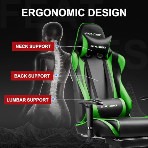 GTRACING Gaming Chair with Footrest, Ergonomic Computer Game Desk Chair, Recline Gaming Chair Seat Height Adjustment, Swivel Rocker with Headrest and Lumbar (Blue)