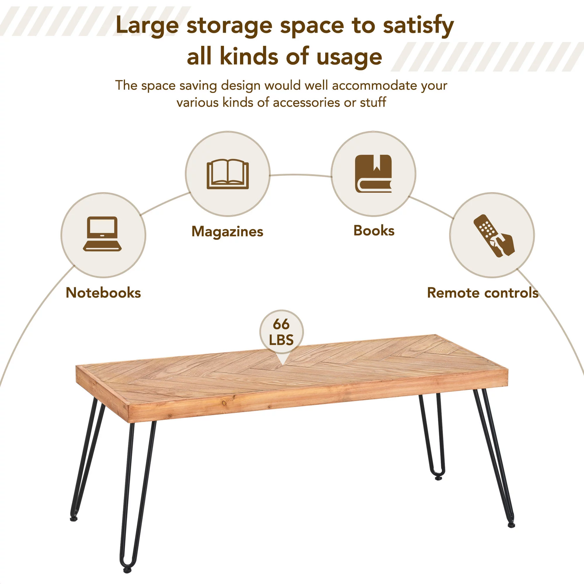 EUROCO Modern Coffee Table, Easy Assembly Tea Table, Cocktail Table with w/Chevron Pattern & Metal Hairpin Legs for Living Room, Ash Wood Finished