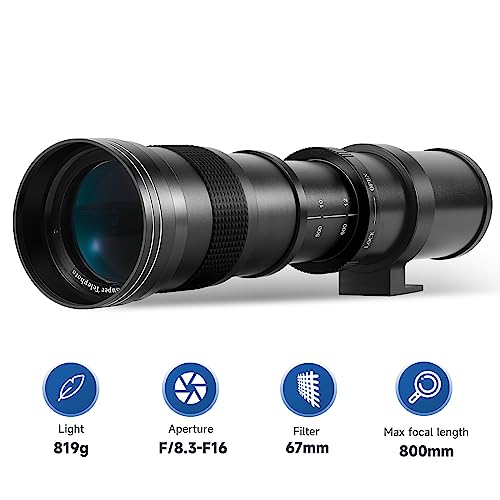 JINTU 420-800mm f/ 8.3 Manual Telephoto Zoom Lens + T-Mount for Canon EOS Rebel SL2 SL1 T3 T3i T4i T5 T5i T6 T6i T6s T7 T7i 4000D 6D 7D 60D 70D 77D 80D 5D II/III/IV 550D 650D SLR Camera Lenses