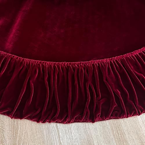 60-Inch Ruffled Velvet Christmas Tree Skirt with Foam Padding, Nylon Backing and Lace-Up Tie Closure, Burgundy