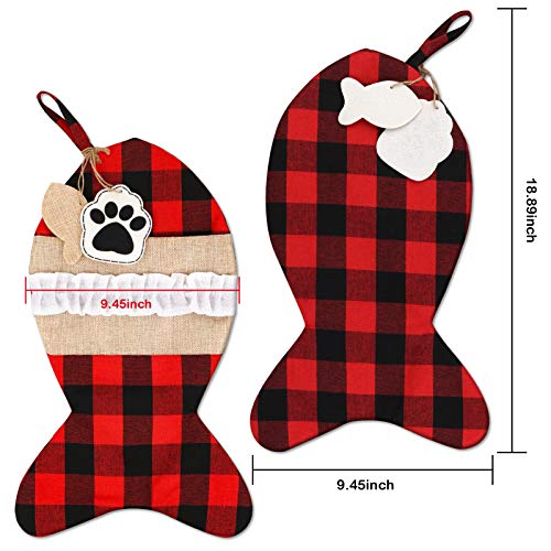 Mocoosy 2 Pack Pet Cat Christmas Stockings, 19 Inch Burlap Red Black Buffalo Plaid Xmas Stockings, Large Decorative Stockings Xmas Fireplace Christmas Tree Hanging Decorations Holiday Party Decor