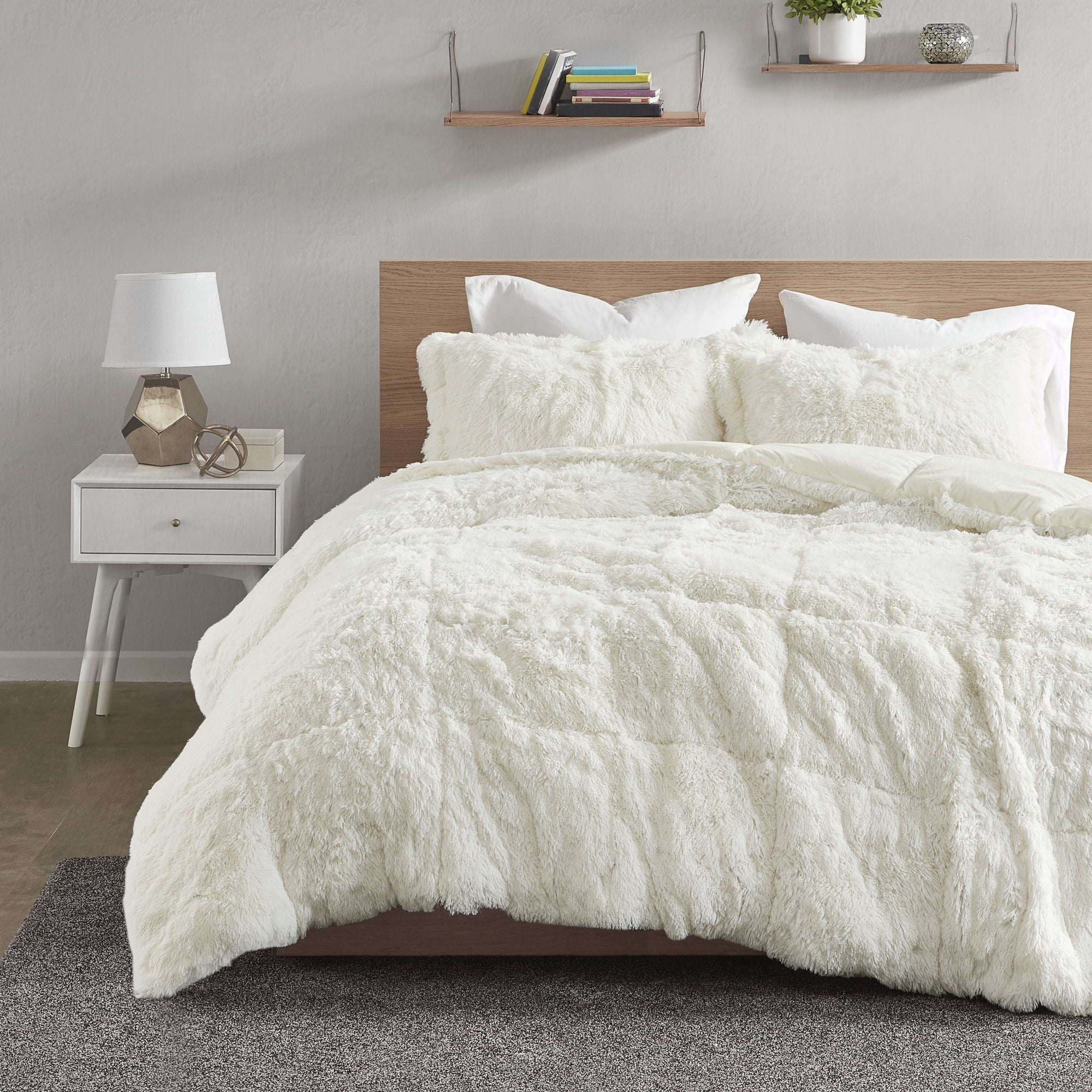 Home Essence Apartment Leena Shaggy Faux Fur Comforter Set, Full/Queen, Ivory
