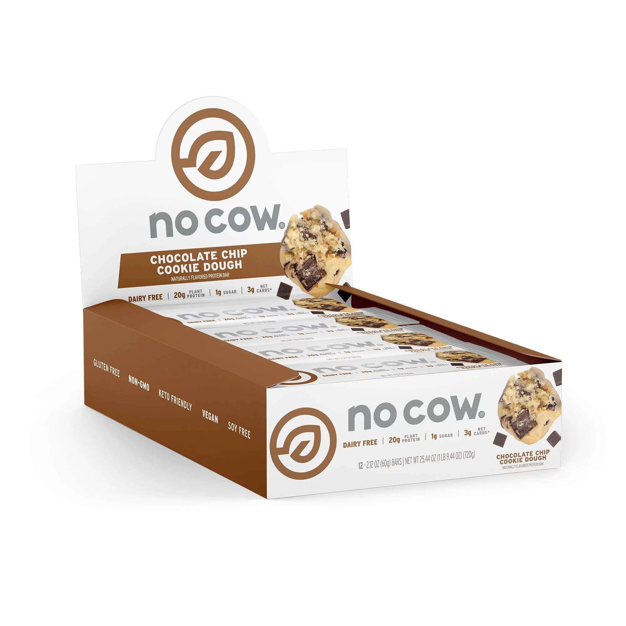 No Cow Vegan Protein Bars, Chocolate Chip Cookie Dough, Box of 12