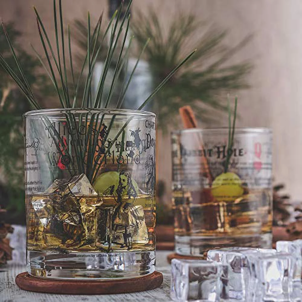 Alice in Wonderland Whiskey Glasses | Literature Rocks Glass with lewis carroll Book Images & Writing (Set of 2)