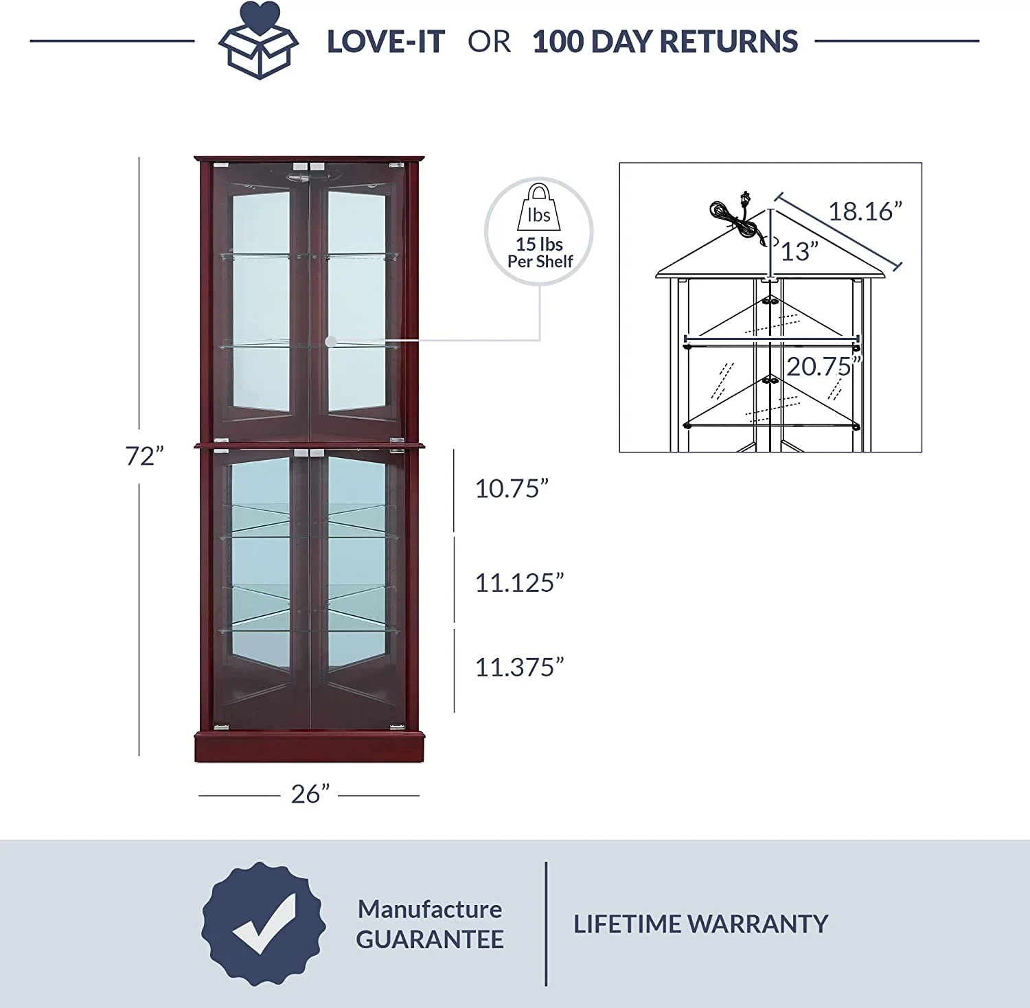 Lighted Corner Display Curio Cabinet Wooden Shelving Unit with Tempered Glass Door, Bar and Liquor Storage Area with 6 Shelves - Woody (Cherry)