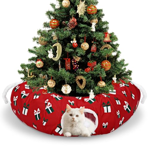 Cat Tunnel Bed 3ft x 3ft x 9.8 in Under Christmas Tree Cat Circle Tunnel Decorative Xmas Folded Cave for Small Animals Kitten Kitty Red Christmas Festive Felines Pet Gifts