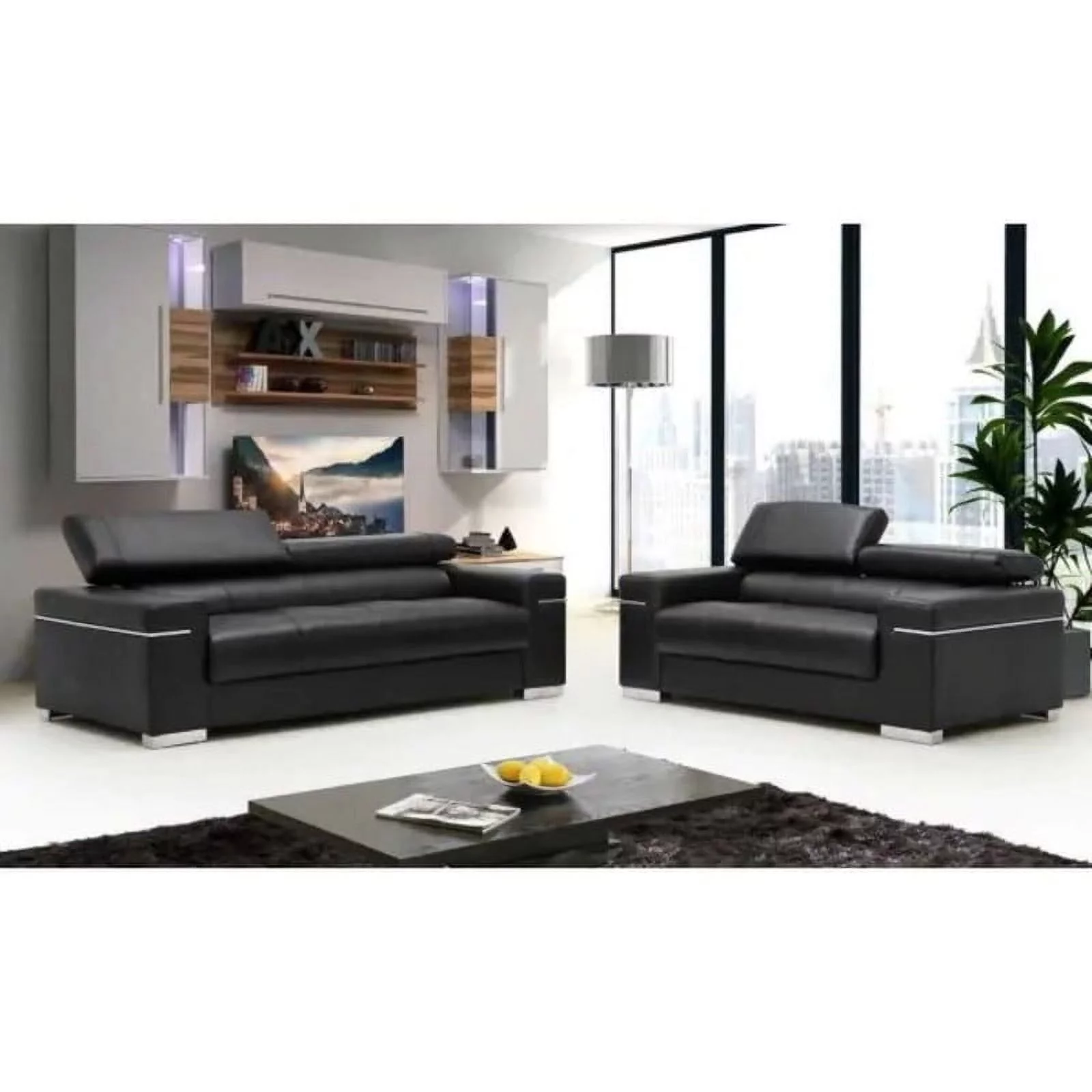 Soho Leather Sofa Set, Black, 2-Piece