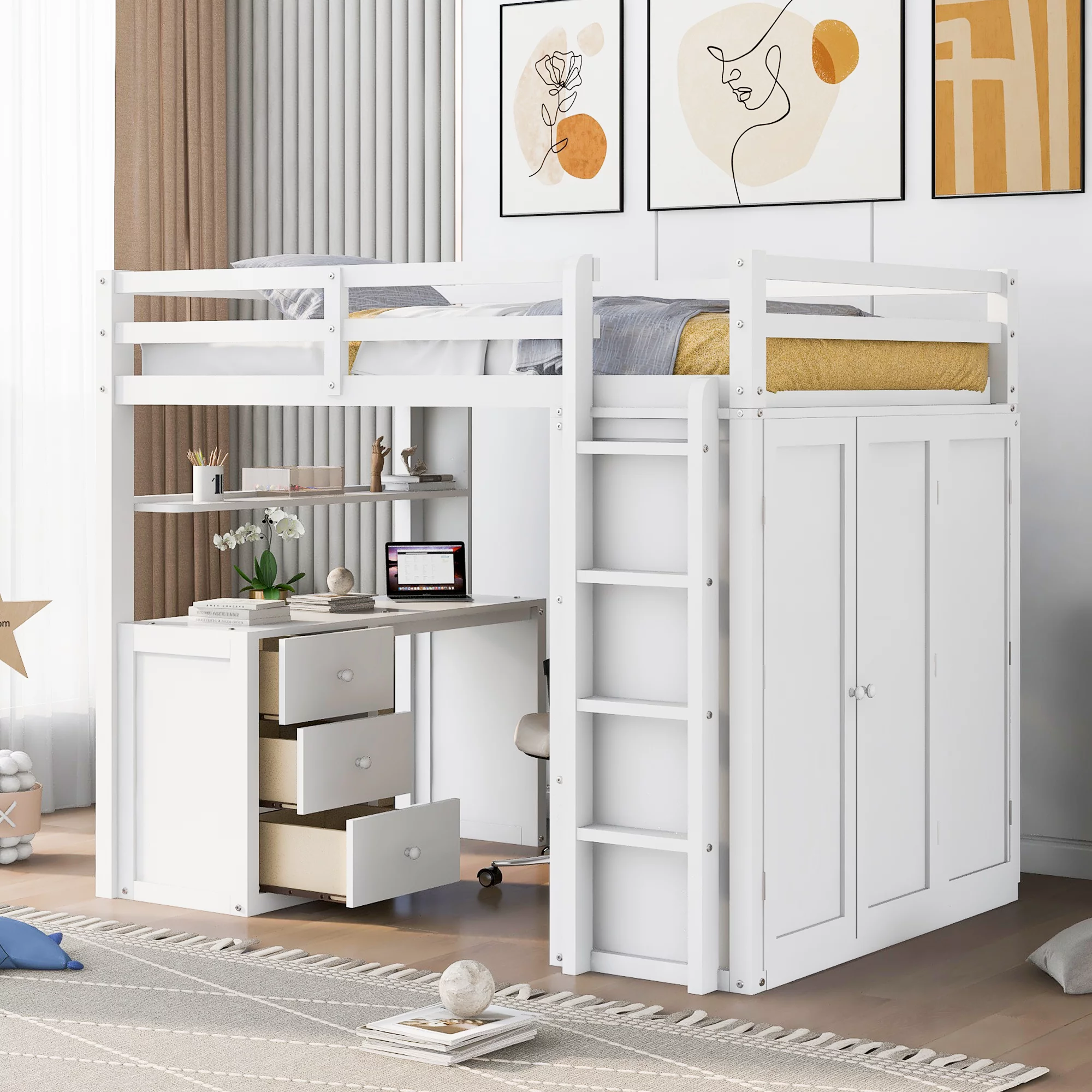 Bellemave Full Size Loft Bed with Desk and Storage Wardrobe, Drawers, Wood High Loft Bed for Kids, Teens, Boys & Girls (Bright White)